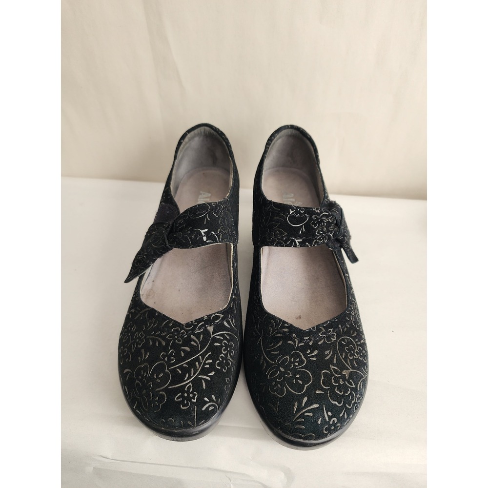 Alegria Ellen Black Floral Etched Leather Mary Jane Wedge Shoes Size 40 Size 10